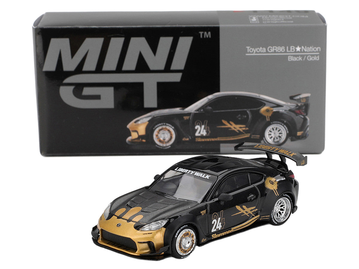 Toyota GR86 "LB-Nation - Liberty Walk" #24 Black with Carbon Hood and Gold Graphics Limited Edition 1/64 Diecast Model Car by Mini GT LuxuryLifeWay Online Store