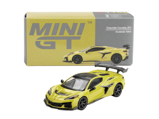 Chevrolet Corvette ZR1 Accelerate Yellow with Carbon Top Limited Edition 1/64 Diecast Model Car by Mini GT LuxuryLifeWay Online Store