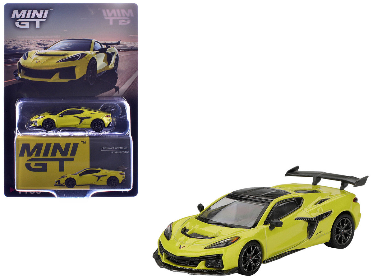 Chevrolet Corvette ZR1 Accelerate Yellow with Carbon Top Limited Edition 1/64 Diecast Model Car by Mini GT LuxuryLifeWay Online Store