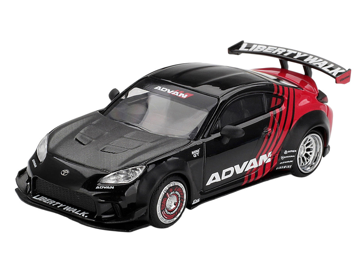 Toyota GR86 "LB-Nation - Liberty Walk" RHD (Right Hand Drive) "ADVAN" Black and Red with Carbon Hood Limited Edition 1/64 Die Cast Model Car by Mini GT LuxuryLifeWay Online Store