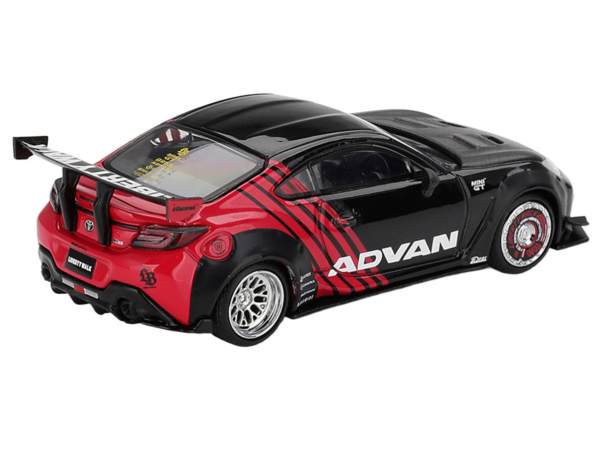 Toyota GR86 "LB-Nation - Liberty Walk" RHD (Right Hand Drive) "ADVAN" Black and Red with Carbon Hood Limited Edition 1/64 Die Cast Model Car by Mini GT LuxuryLifeWay Online Store