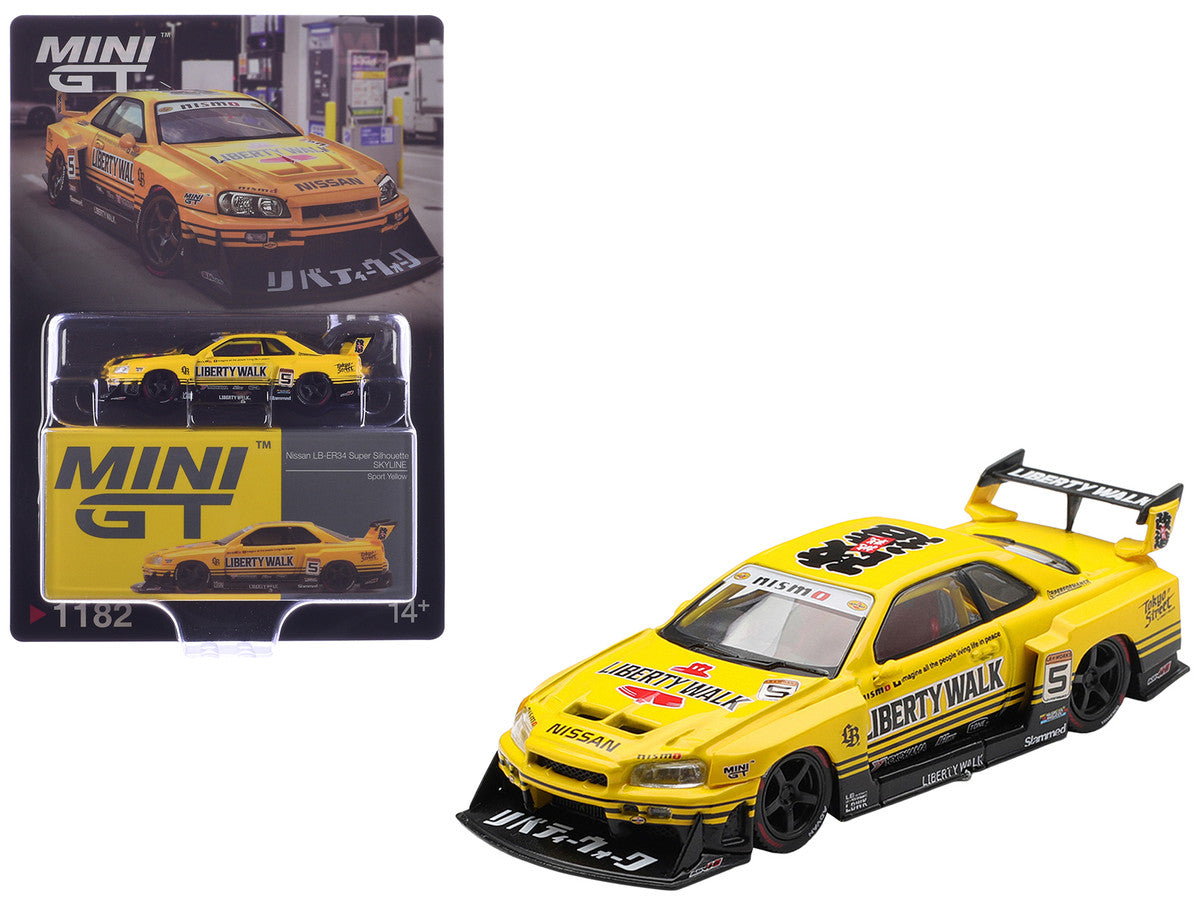 Nissan LB-ER34 Super Silhouette Skyline RHD (Right Hand Drive) #5 Sport Yellow with Graphics Limited Edition 1/64 Diecast Model Car by Mini GT LuxuryLifeWay Online Store