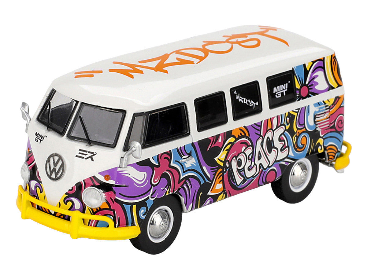 Volkswagen T1 Microbus "Mizu Design" White with Graffiti Graphics Limited Edition 1/64 Diecast Model Car by Mini GT LuxuryLifeWay Online Store