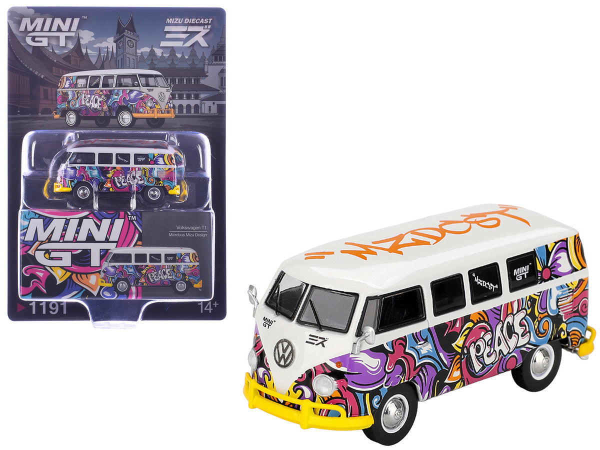 Volkswagen T1 Microbus "Mizu Design" White with Graffiti Graphics Limited Edition 1/64 Diecast Model Car by Mini GT LuxuryLifeWay Online Store