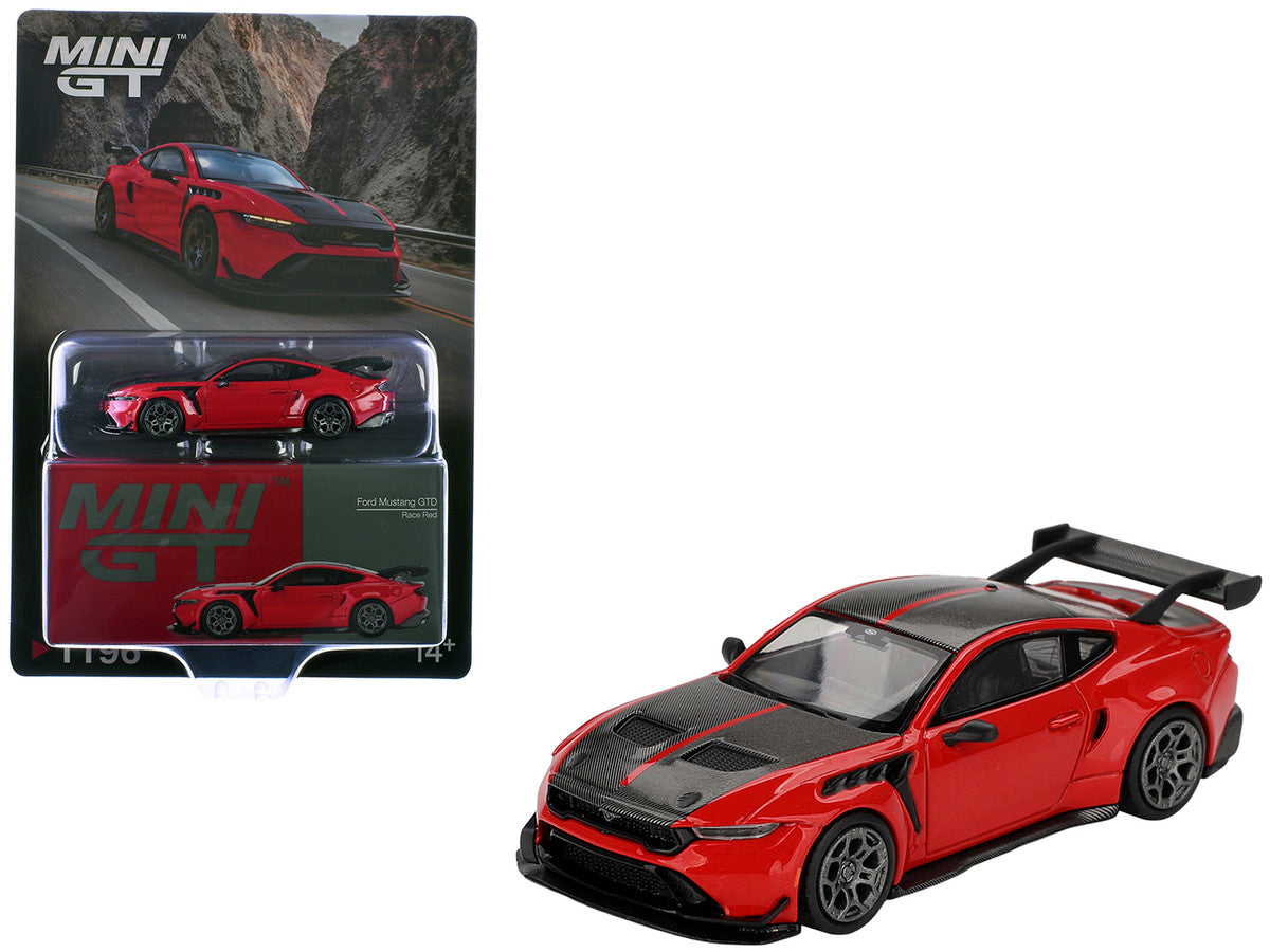 Ford Mustang GTD Race Red with Carbon Hood and Top Limited Edition 1/64 Die Cast Model Car by Mini GT LuxuryLifeWay Online Store