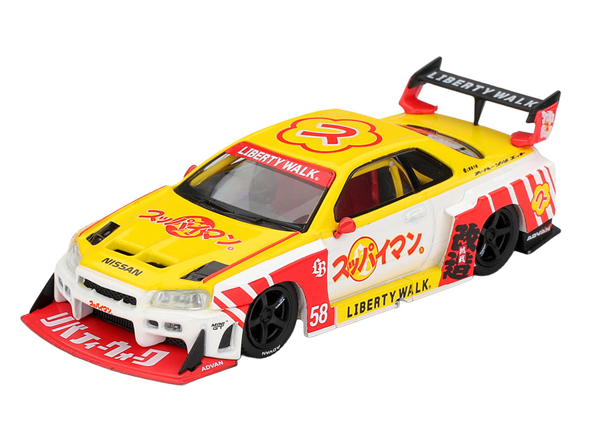 Nissan LB-ER34 Super Silhouette Skyline RHD (Right Hand Drive) #58 "Suppaiman Okinawa" Yellow and White with Graphics Limited Edition 1/64 Diecast Model Car by Mini GT LuxuryLifeWay Online Store
