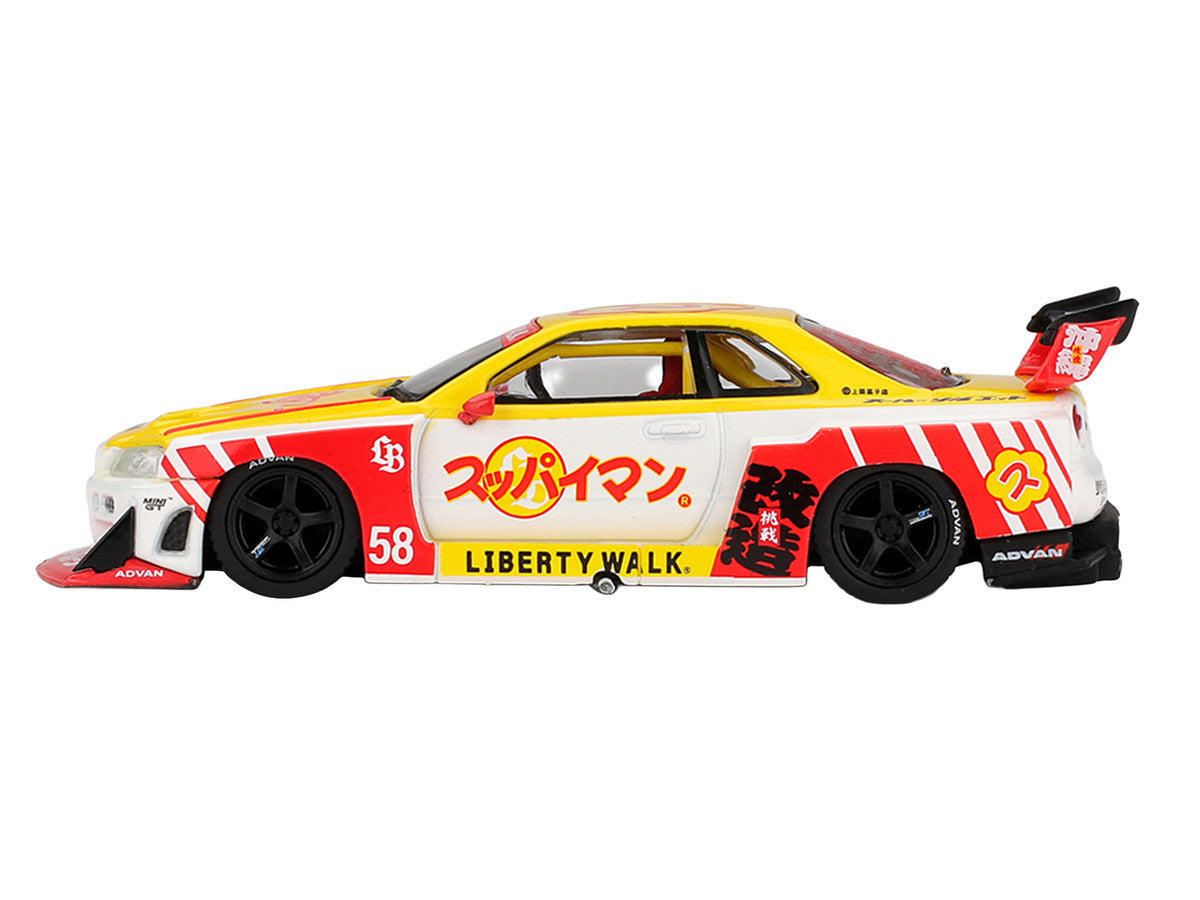 Nissan LB-ER34 Super Silhouette Skyline RHD (Right Hand Drive) #58 "Suppaiman Okinawa" Yellow and White with Graphics Limited Edition 1/64 Diecast Model Car by Mini GT LuxuryLifeWay Online Store