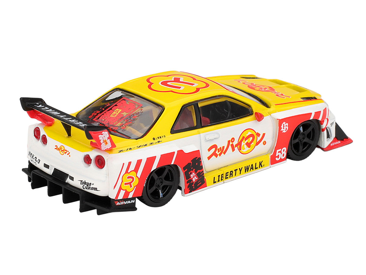 Nissan LB-ER34 Super Silhouette Skyline RHD (Right Hand Drive) #58 "Suppaiman Okinawa" Yellow and White with Graphics Limited Edition 1/64 Diecast Model Car by Mini GT LuxuryLifeWay Online Store