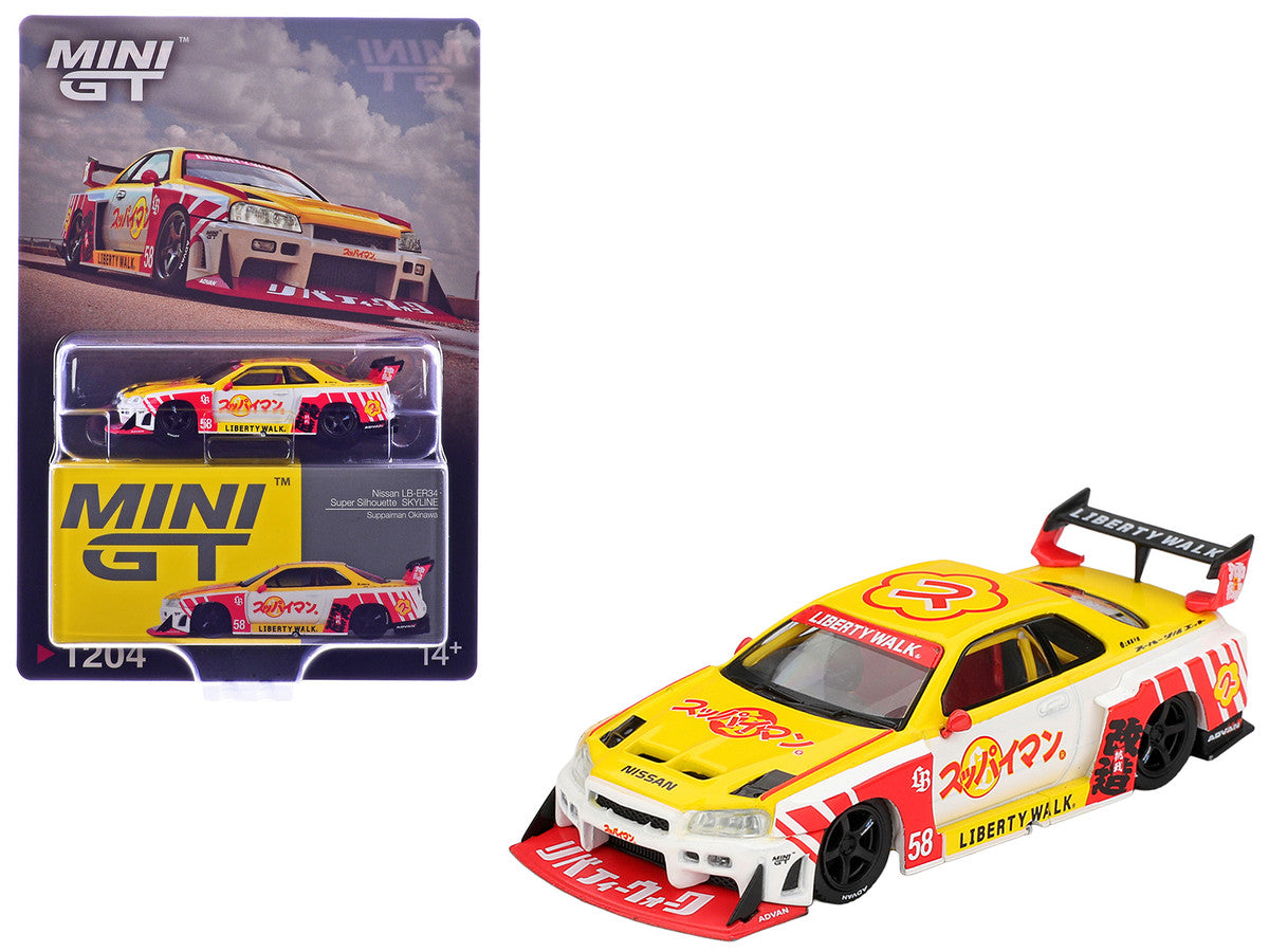 Nissan LB-ER34 Super Silhouette Skyline RHD (Right Hand Drive) #58 "Suppaiman Okinawa" Yellow and White with Graphics Limited Edition 1/64 Diecast Model Car by Mini GT LuxuryLifeWay Online Store