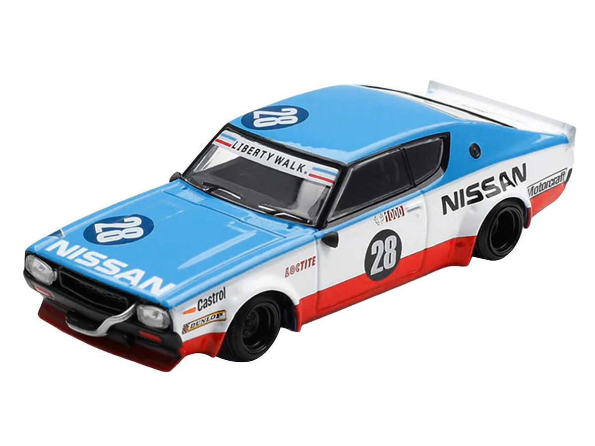 Nissan Skyline Kenmeri RHD (Right Hand Drive) #28 "Liberty Walk - Nissan Racing 1975 Concept" Blue and White with Red Stripes Limited Edition 1/64 Diecast Model Car by Mini GT LuxuryLifeWay Online Store