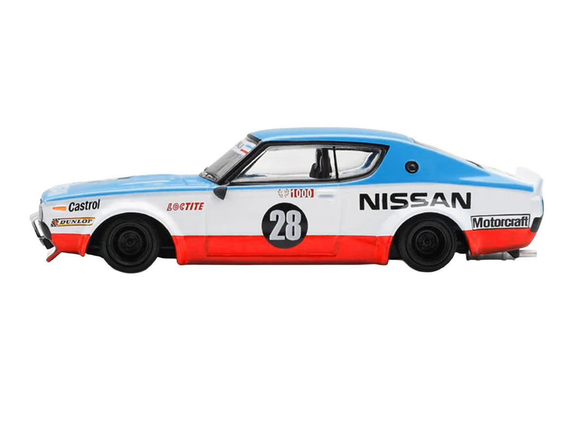 Nissan Skyline Kenmeri RHD (Right Hand Drive) #28 "Liberty Walk - Nissan Racing 1975 Concept" Blue and White with Red Stripes Limited Edition 1/64 Diecast Model Car by Mini GT LuxuryLifeWay Online Store