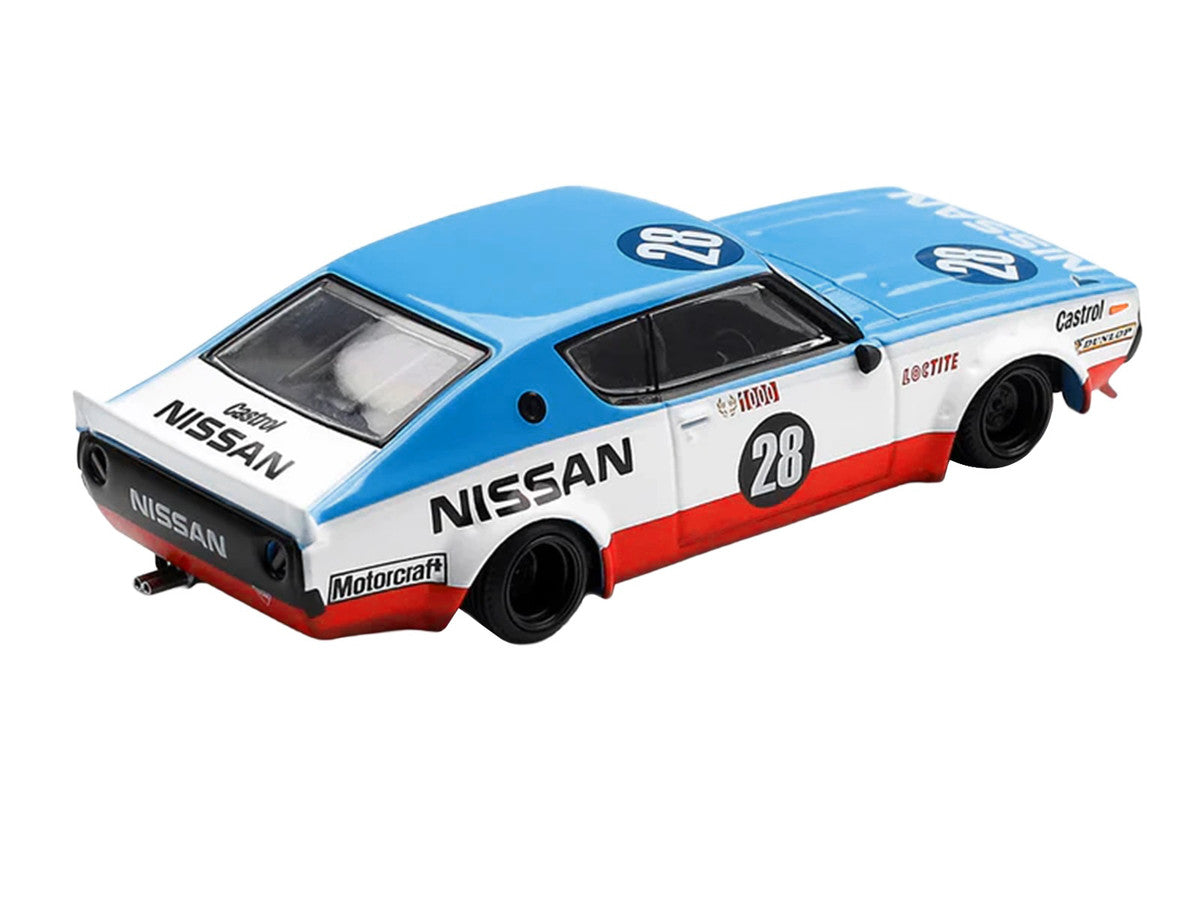 Nissan Skyline Kenmeri RHD (Right Hand Drive) #28 "Liberty Walk - Nissan Racing 1975 Concept" Blue and White with Red Stripes Limited Edition 1/64 Diecast Model Car by Mini GT LuxuryLifeWay Online Store