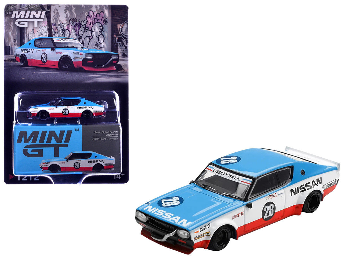 Nissan Skyline Kenmeri RHD (Right Hand Drive) #28 "Liberty Walk - Nissan Racing 1975 Concept" Blue and White with Red Stripes Limited Edition 1/64 Diecast Model Car by Mini GT LuxuryLifeWay Online Store