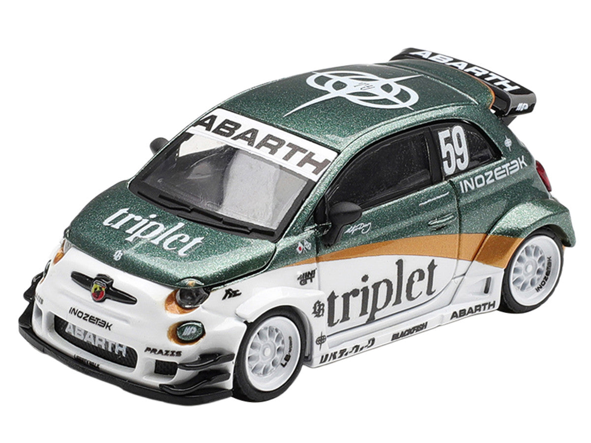 Abarth 595 LB-Works "TY Edition" #59 Green Metallic and White with Gold Stripes and Graphics Limited Edition 1/64 Die Cast Model Car by Mini GT LuxuryLifeWay Online Store