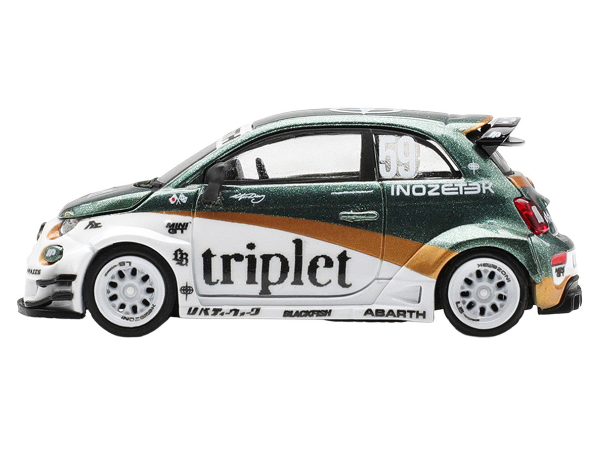 Abarth 595 LB-Works "TY Edition" #59 Green Metallic and White with Gold Stripes and Graphics Limited Edition 1/64 Die Cast Model Car by Mini GT LuxuryLifeWay Online Store