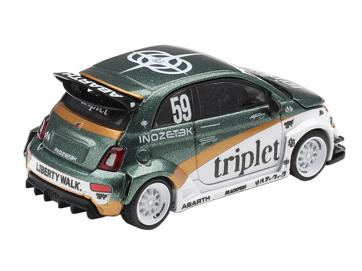 Abarth 595 LB-Works "TY Edition" #59 Green Metallic and White with Gold Stripes and Graphics Limited Edition 1/64 Die Cast Model Car by Mini GT LuxuryLifeWay Online Store