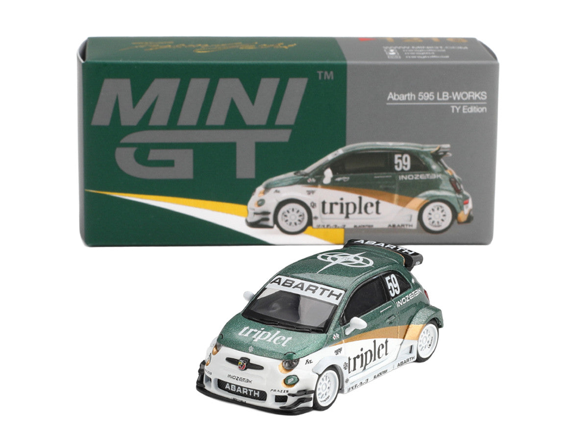 Abarth 595 LB-Works "TY Edition" #59 Green Metallic and White with Gold Stripes and Graphics Limited Edition 1/64 Die Cast Model Car by Mini GT LuxuryLifeWay Online Store
