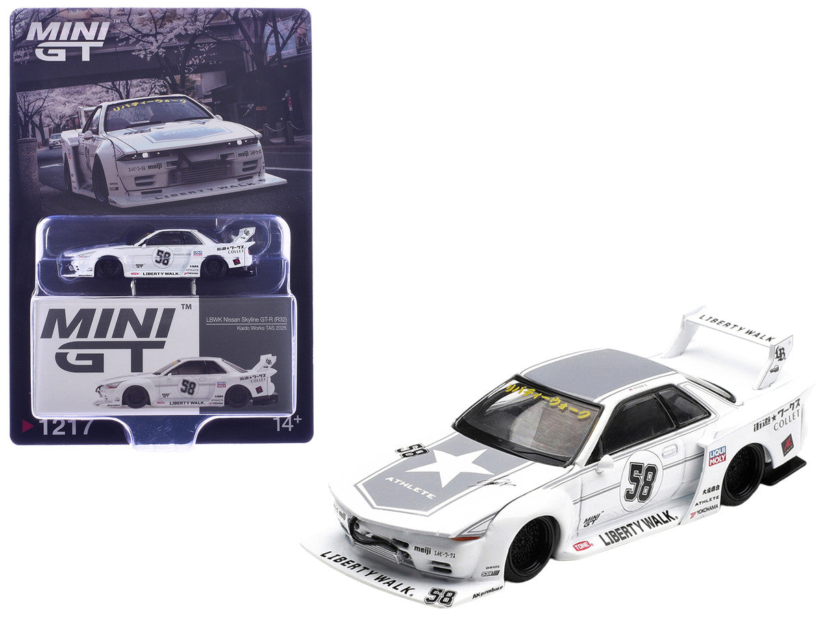 Nissan Skyline GT-R (R32) RHD (Right Hand Drive) #58 "Kaido Works" White with Gray Graphics "Tokyo Auto Salon 2025" Limited Edition 1/64 Diecast Model Car by Mini GT LuxuryLifeWay Online Store