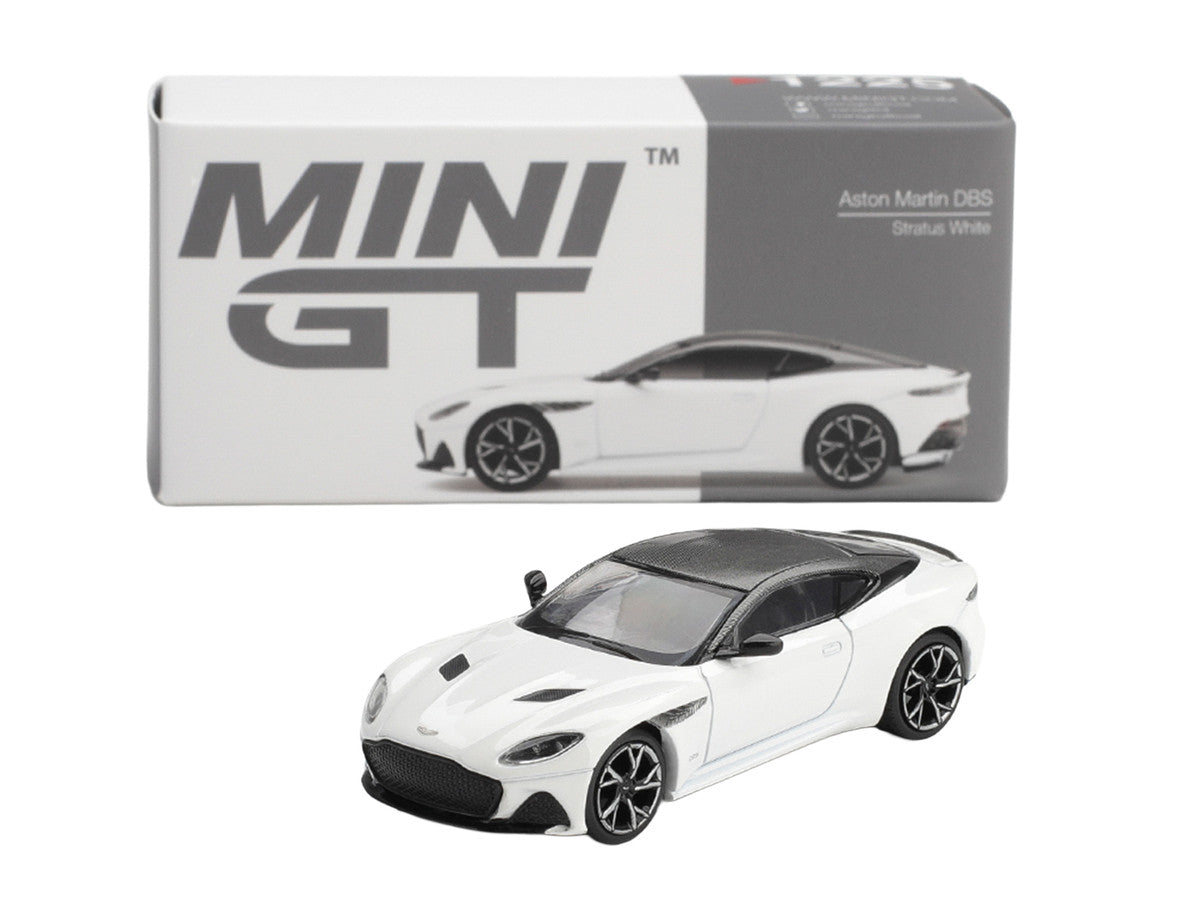 Aston Martin DBS RHD (Right Hand Drive) Stratus White with Carbon Top Limited Edition 1/64 Diecast Model Car by Mini GT LuxuryLifeWay Online Store