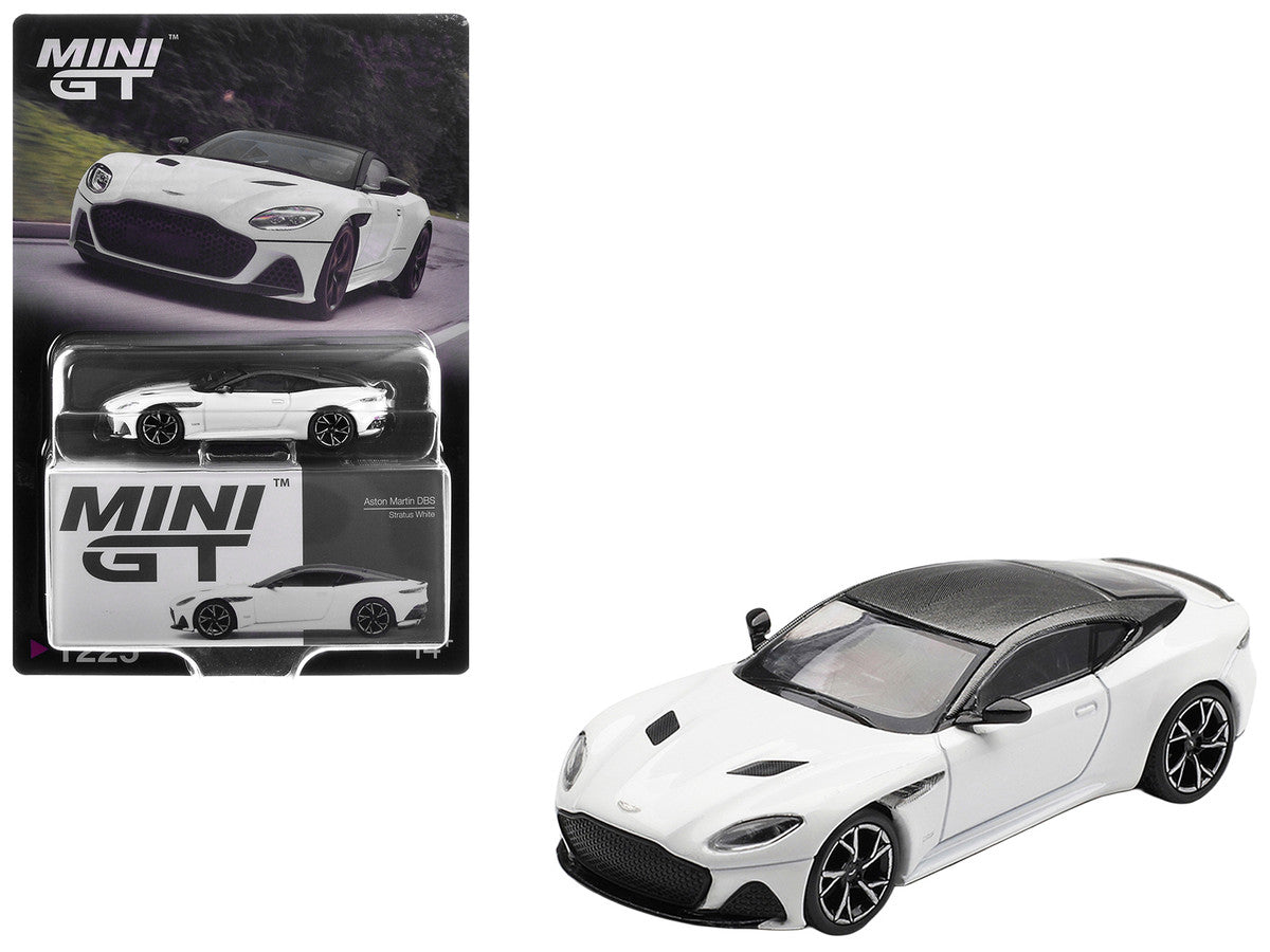 Aston Martin DBS RHD (Right Hand Drive) Stratus White with Carbon Top Limited Edition 1/64 Diecast Model Car by Mini GT LuxuryLifeWay Online Store