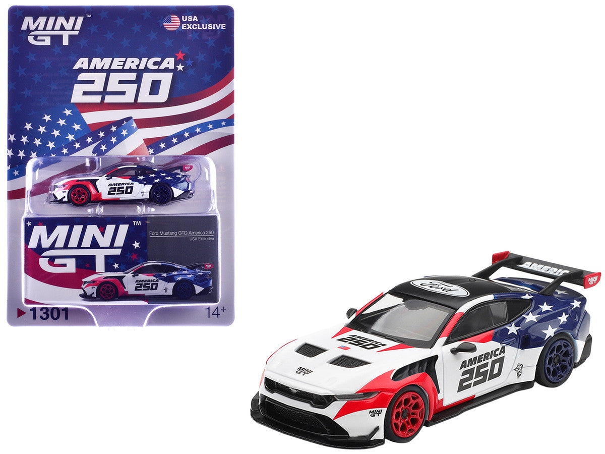 Ford Mustang GTD "America 250 - USA Exclusive" White with American Flag Graphics Limited Edition 1/64 Die Cast Model Car by Mini GT LuxuryLifeWay Online Store
