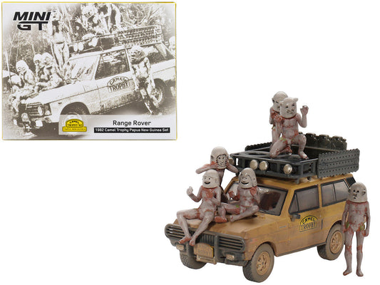 Range Rover with Roofrack Tan (Dirty Version) "Camel Trophy - Papua New Guinea Team USA" (1982) with "Papua New Guinea Asaro Mudmen" 6 piece Figure Set 1/64 Diecast Model Car by Mini GT LuxuryLifeWay Online Store