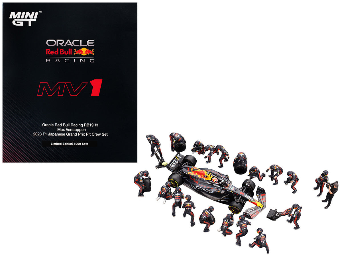 Red Bull RB19 #1 Max Verstappen Winner Formula One F1 "Japanese GP" (2023) with Red Bull Pit Crew Set of 21 pieces Limited Edition to 5000 pieces Worldwide 1/64 Diecast Model Car by Mini GT LuxuryLifeWay Online Store