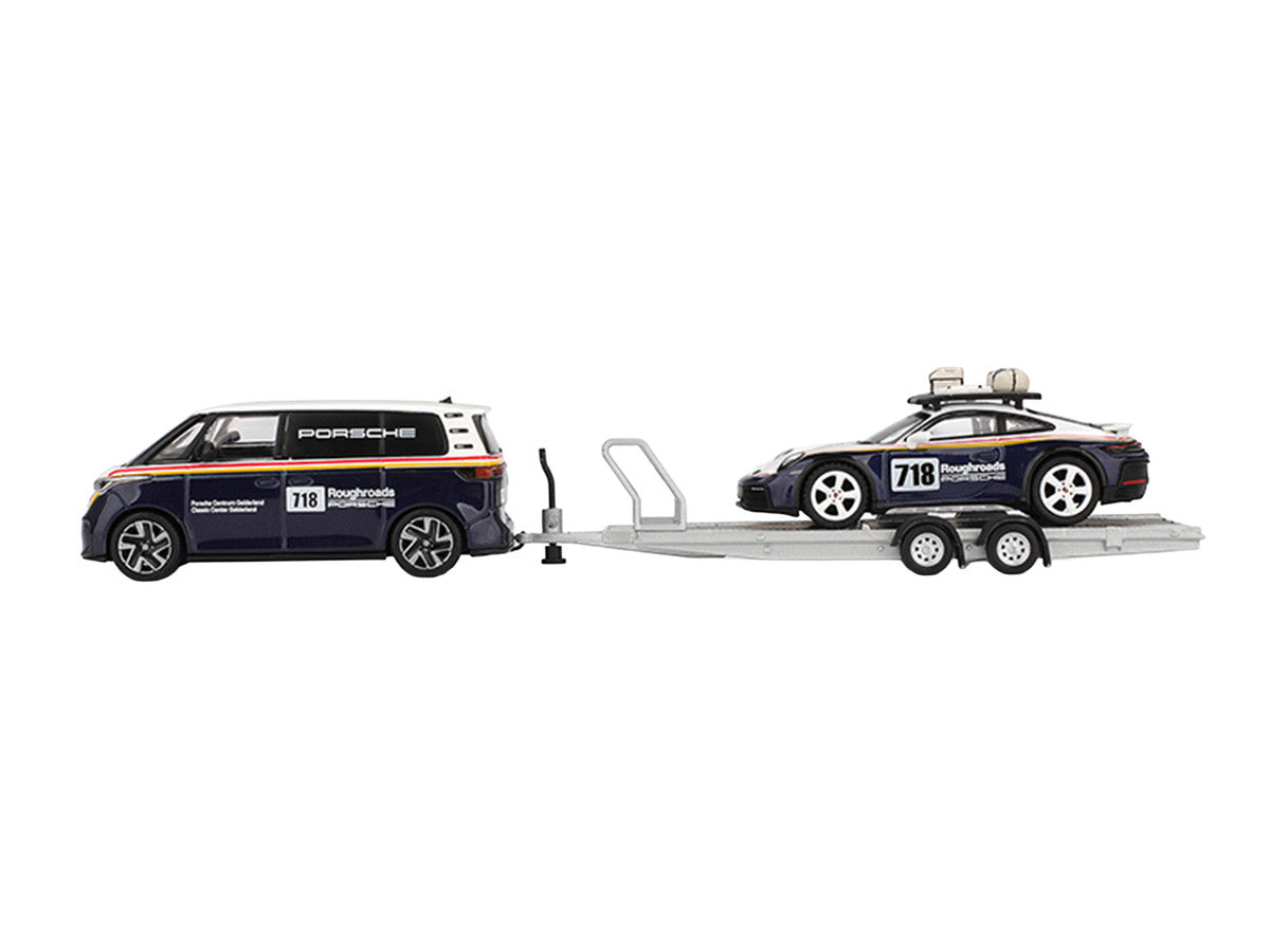 Porsche 911 Dakar #718 Blue and White with Roof Rack and Volkswagen ID. Buzz Blue and White with Flatbed Trailer "Porsche Centrum Gelderland Roughroads" Set of 3 pieces Limited Edition 1/64 Diecast Model Car by Mini GT LuxuryLifeWay Online Store