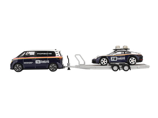 Porsche 911 Dakar #718 Blue and White with Roof Rack and Volkswagen ID. Buzz Blue and White with Flatbed Trailer "Porsche Centrum Gelderland Roughroads" Set of 3 pieces Limited Edition 1/64 Diecast Model Car by Mini GT LuxuryLifeWay Online Store
