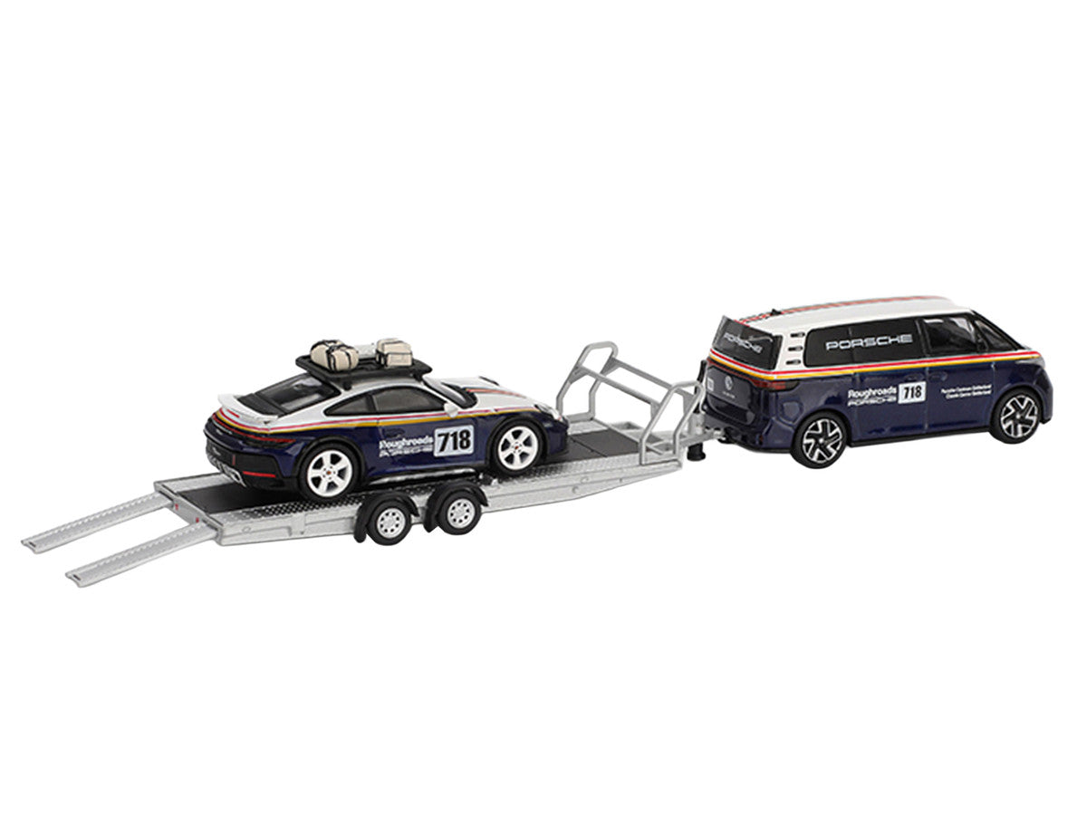 Porsche 911 Dakar #718 Blue and White with Roof Rack and Volkswagen ID. Buzz Blue and White with Flatbed Trailer "Porsche Centrum Gelderland Roughroads" Set of 3 pieces Limited Edition 1/64 Diecast Model Car by Mini GT LuxuryLifeWay Online Store