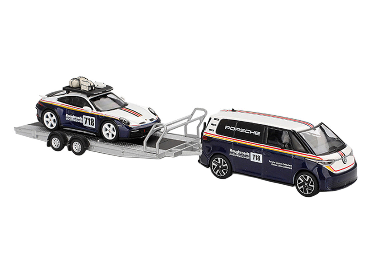 Porsche 911 Dakar #718 Blue and White with Roof Rack and Volkswagen ID. Buzz Blue and White with Flatbed Trailer "Porsche Centrum Gelderland Roughroads" Set of 3 pieces Limited Edition 1/64 Diecast Model Car by Mini GT LuxuryLifeWay Online Store