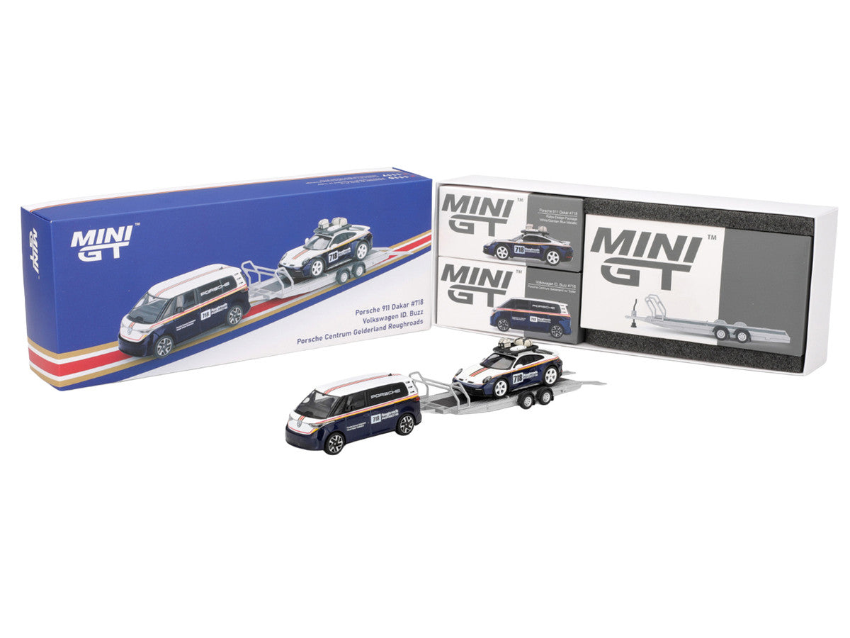 Porsche 911 Dakar #718 Blue and White with Roof Rack and Volkswagen ID. Buzz Blue and White with Flatbed Trailer "Porsche Centrum Gelderland Roughroads" Set of 3 pieces Limited Edition 1/64 Diecast Model Car by Mini GT LuxuryLifeWay Online Store