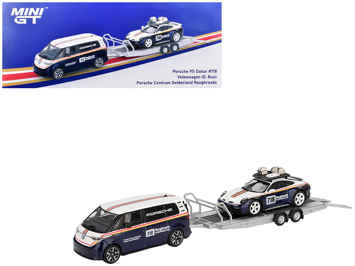Porsche 911 Dakar #718 Blue and White with Roof Rack and Volkswagen ID. Buzz Blue and White with Flatbed Trailer "Porsche Centrum Gelderland Roughroads" Set of 3 pieces Limited Edition 1/64 Diecast Model Car by Mini GT LuxuryLifeWay Online Store