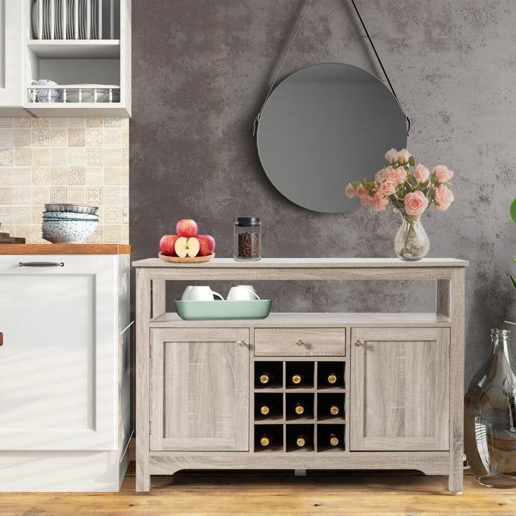 Grey Wood Sideboard Buffet Server Cabinet with Wine Rack and Storage Shelf LuxuryLifeWay Online Store