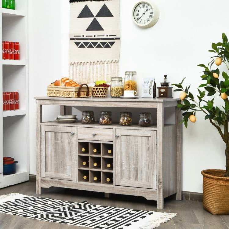Grey Wood Sideboard Buffet Server Cabinet with Wine Rack and Storage Shelf LuxuryLifeWay Online Store