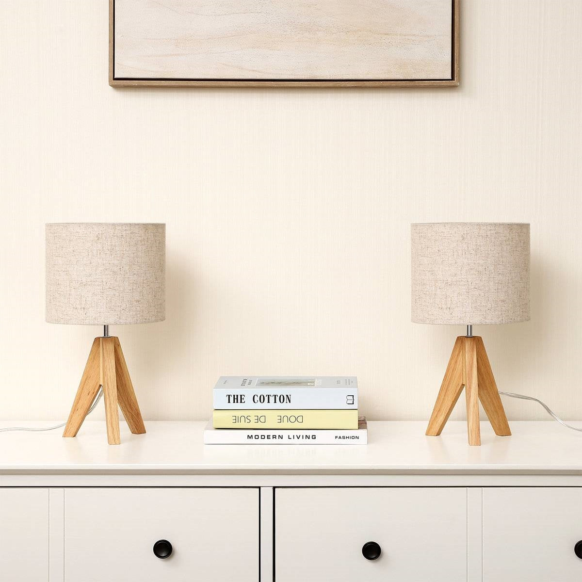 Set of 2 - Solid Wood Tripod Table Lamp with Beige Linen Drum Shade LuxuryLifeWay Online Store