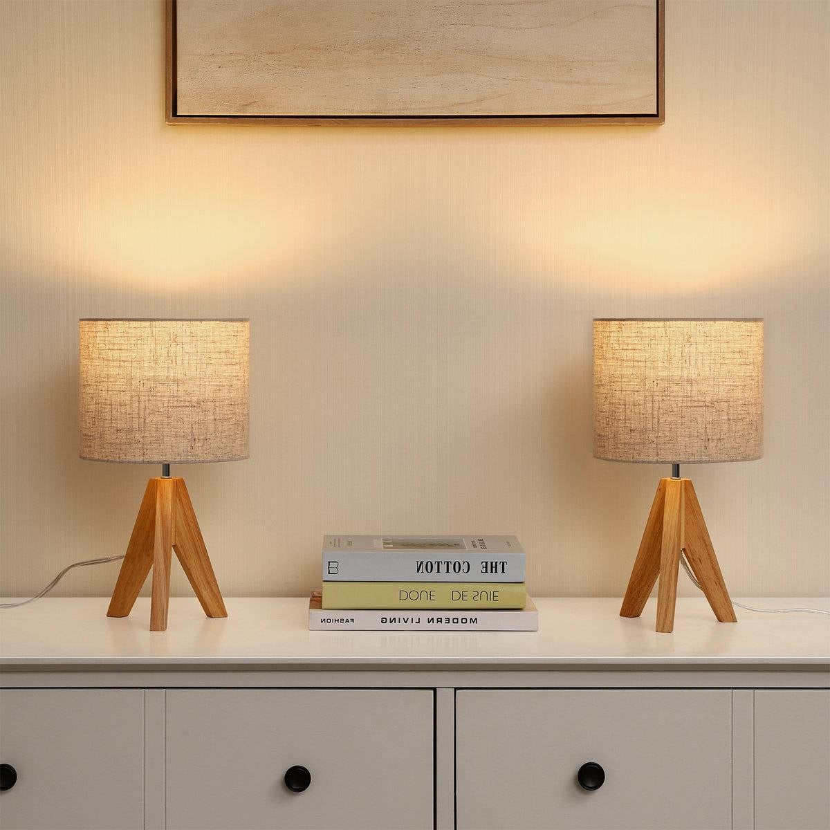 Set of 2 - Solid Wood Tripod Table Lamp with Beige Linen Drum Shade LuxuryLifeWay Online Store