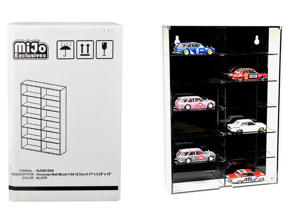 Showcase 12 Car Display Case Wall Mount with Black Back Panel "Mijo Exclusives" for 1/64 Scale Models LuxuryLifeWay Online Store