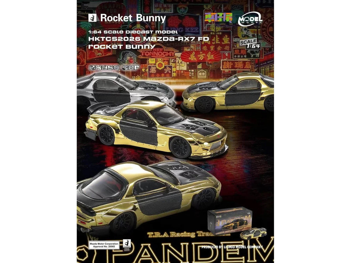 Mazda RX7 FD Rocket Bunny RHD (Right Hand Drive) Gold Metallic with Carbon Hood and Doors "Hong Kong Toycar Salon (HKTCS) 2026" 1/64 Diecast Model Car by Model Model LuxuryLifeWay Online Store