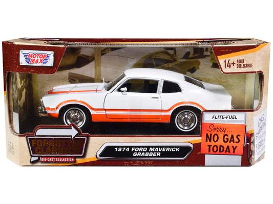 1974 Ford Maverick Grabber White with Orange Stripes "Forgotten Classics" Series 1/24 Diecast Model Car by Motormax LuxuryLifeWay Online Store
