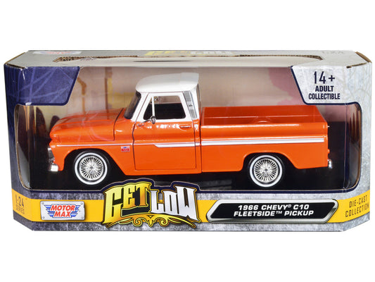 1966 Chevrolet C10 Fleetside Pickup Truck Lowrider Orange Metallic with White Top "Get Low" Series 1/24 Diecast Model Car by Motormax LuxuryLifeWay Online Store