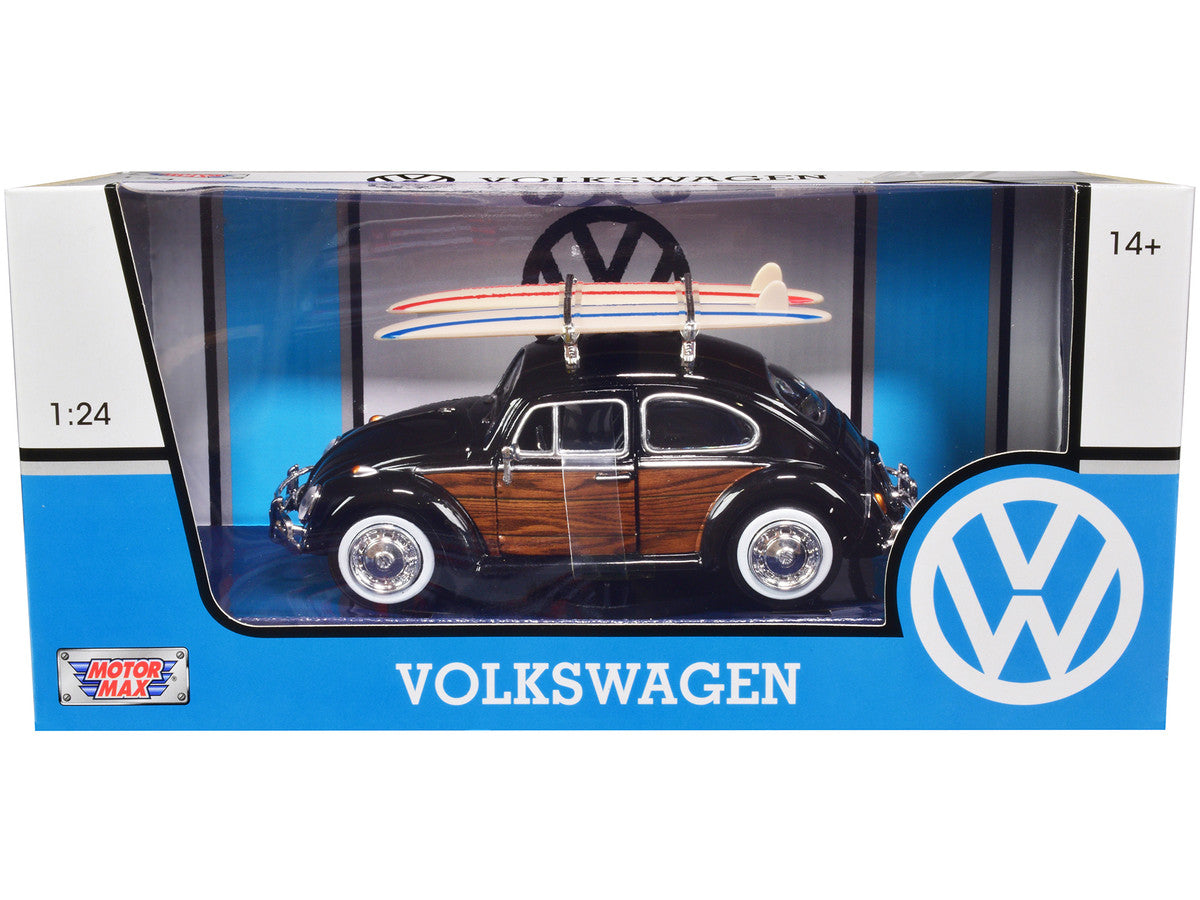 1966 Volkswagen Beetle Black with Wood Panels and Two Surfboards on Roof Rack 1/24 Diecast Model Car by Motormax LuxuryLifeWay Online Store