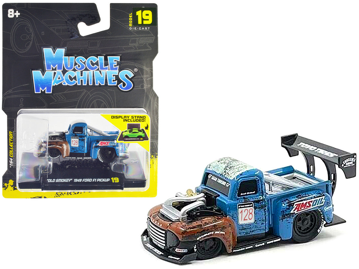 1949 Ford F1 Pickup Truck #128 "Old Smokey" Blue and Brown (Weathered) 1/64 Diecast Model Car by Muscle Machines LuxuryLifeWay Online Store