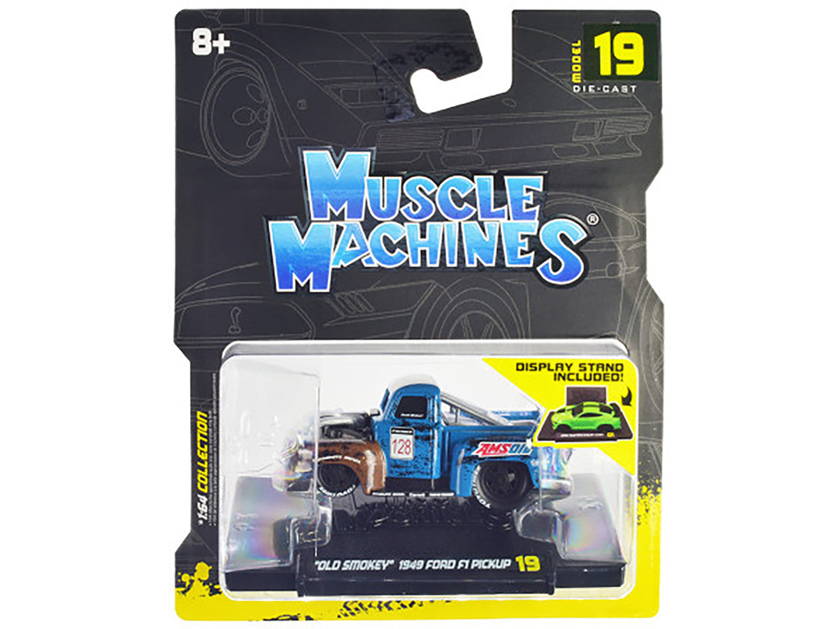 1949 Ford F1 Pickup Truck #128 "Old Smokey" Blue and Brown (Weathered) 1/64 Diecast Model Car by Muscle Machines LuxuryLifeWay Online Store