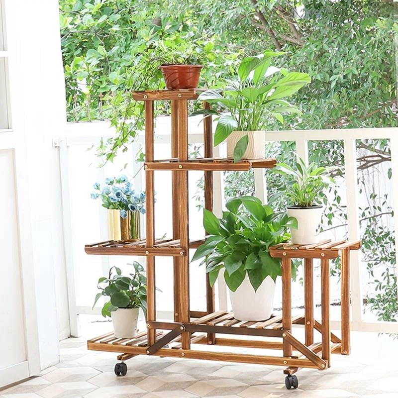 6-Shelf Portable Wooden Flower Pot Plant Stand with Locking Wheels LuxuryLifeWay Online Store