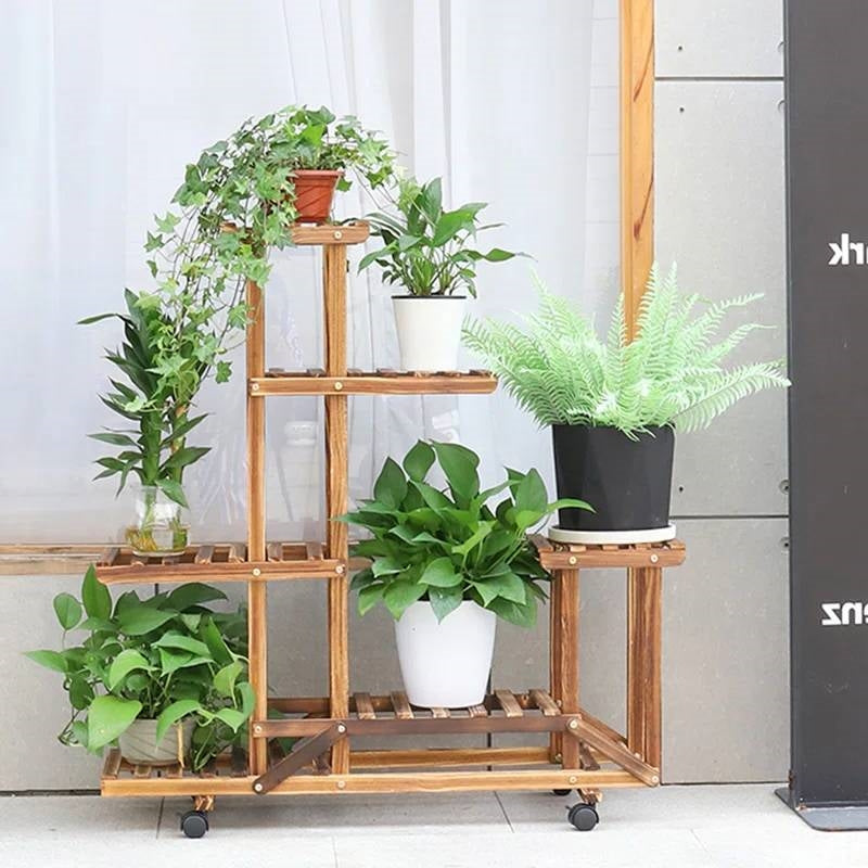 6-Shelf Portable Wooden Flower Pot Plant Stand with Locking Wheels LuxuryLifeWay Online Store