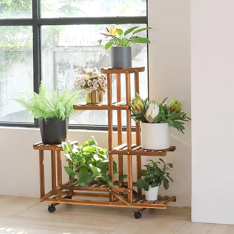 6-Shelf Portable Wooden Flower Pot Plant Stand with Locking Wheels LuxuryLifeWay Online Store
