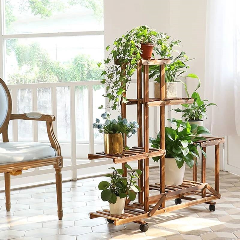 6-Shelf Portable Wooden Flower Pot Plant Stand with Locking Wheels LuxuryLifeWay Online Store