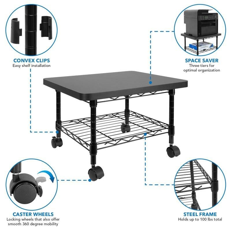 Multipurpose Black Metal 2-Tier Mobile Under Desk Printer Stand Cart w/ Casters LuxuryLifeWay Online Store