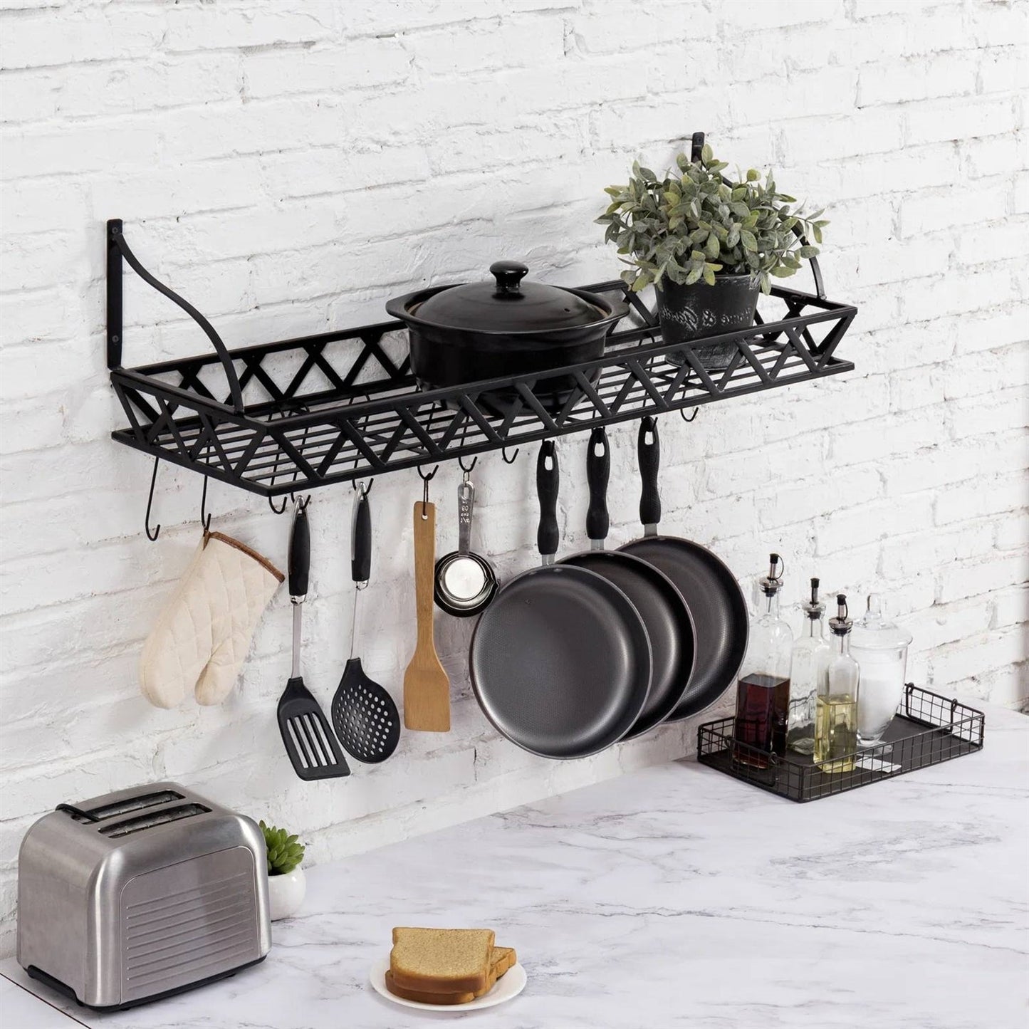 Black Metal Rectangular Wall Mounted Kitchen Pot Rack with 12 Hanging Hooks LuxuryLifeWay Online Store